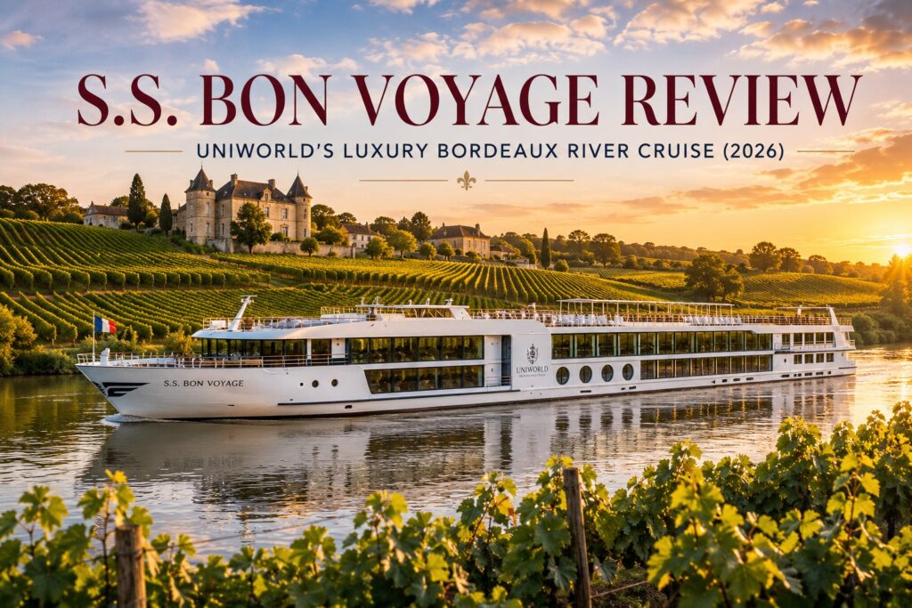 S.S. Bon Voyage luxury Bordeaux river cruise ship sailing past vineyards and château at sunset in France
