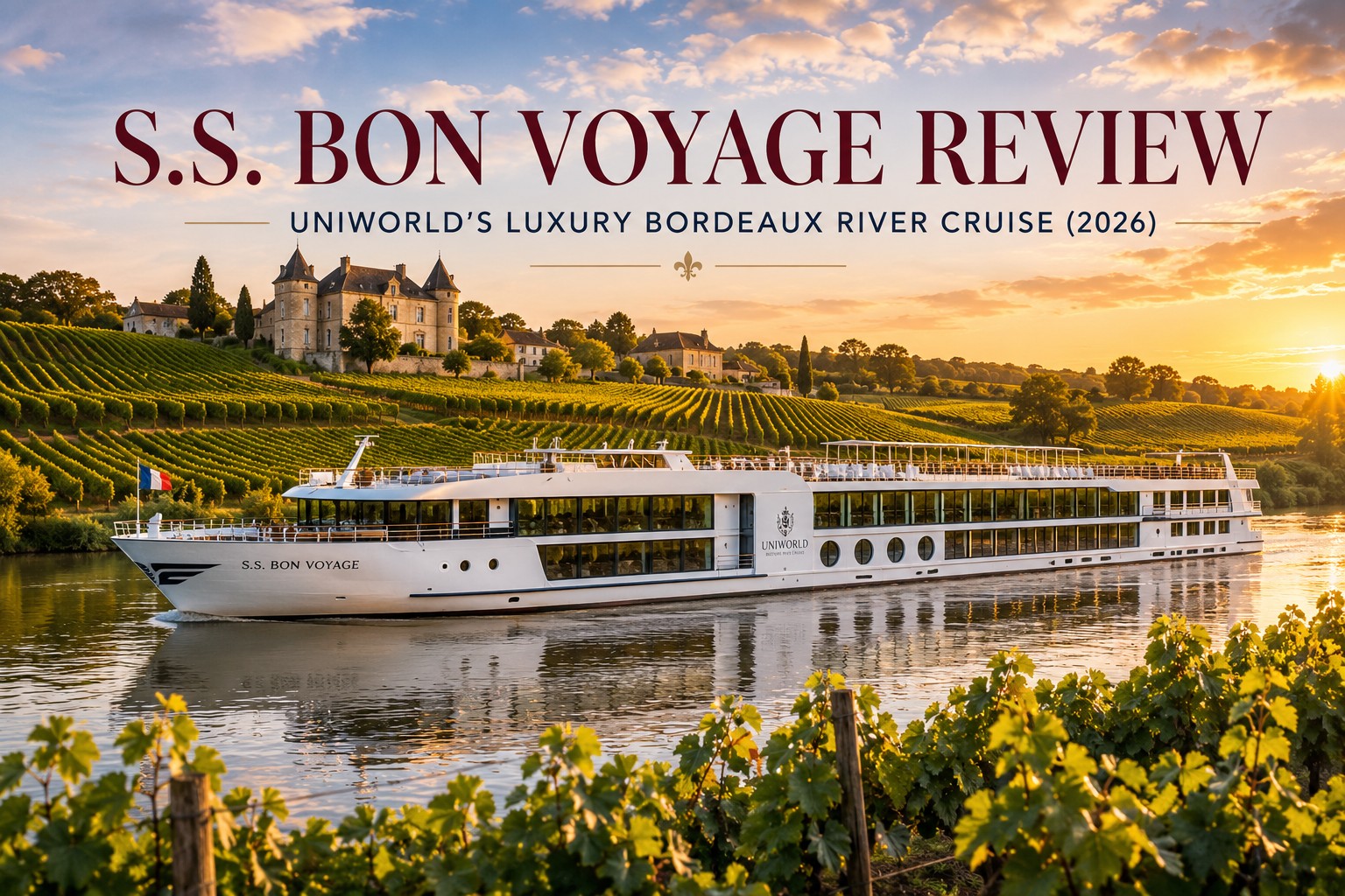 S.S. Bon Voyage luxury Bordeaux river cruise ship sailing past vineyards and château at sunset in France