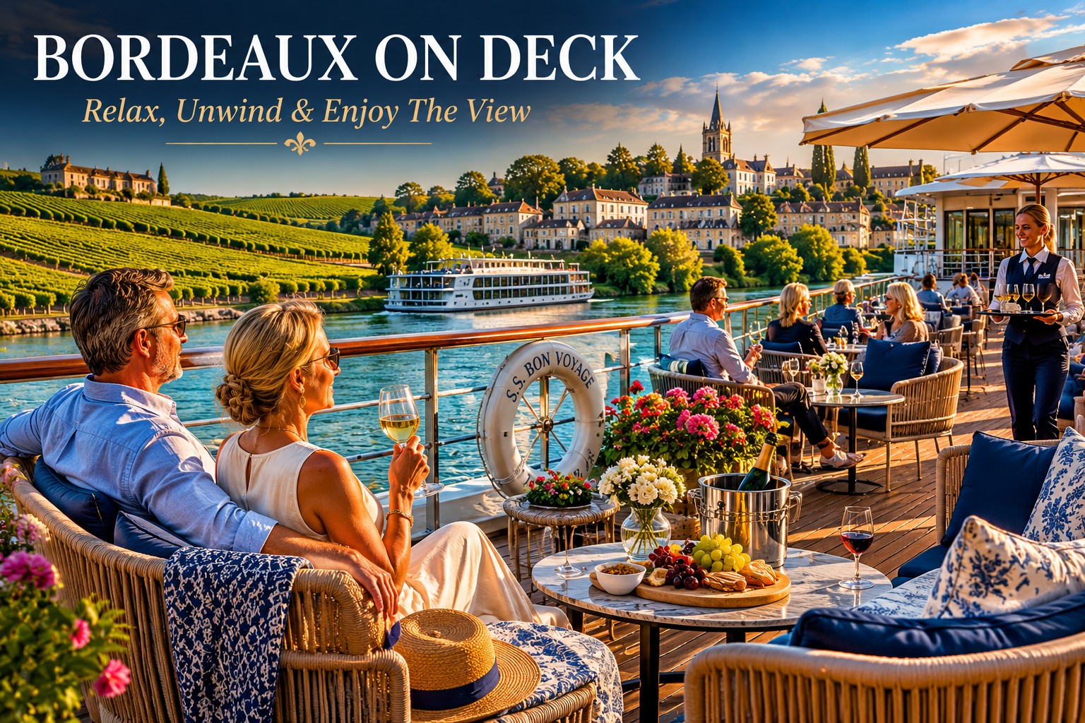 Guests relaxing on the S.S. Bon Voyage sun deck with Bordeaux vineyards and château views
