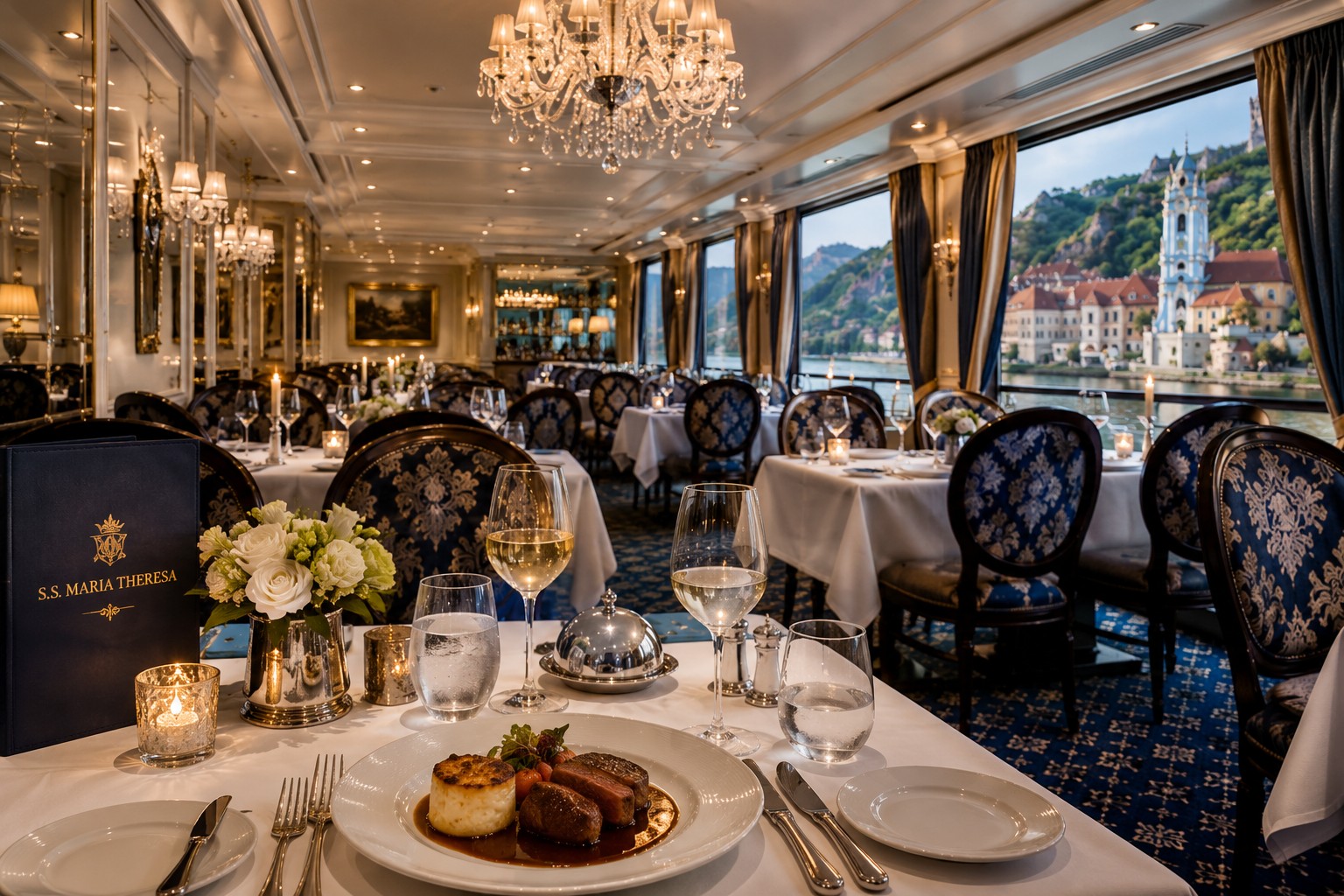 Fine dining restaurant aboard S.S. Maria Theresa luxury Danube river cruise ship