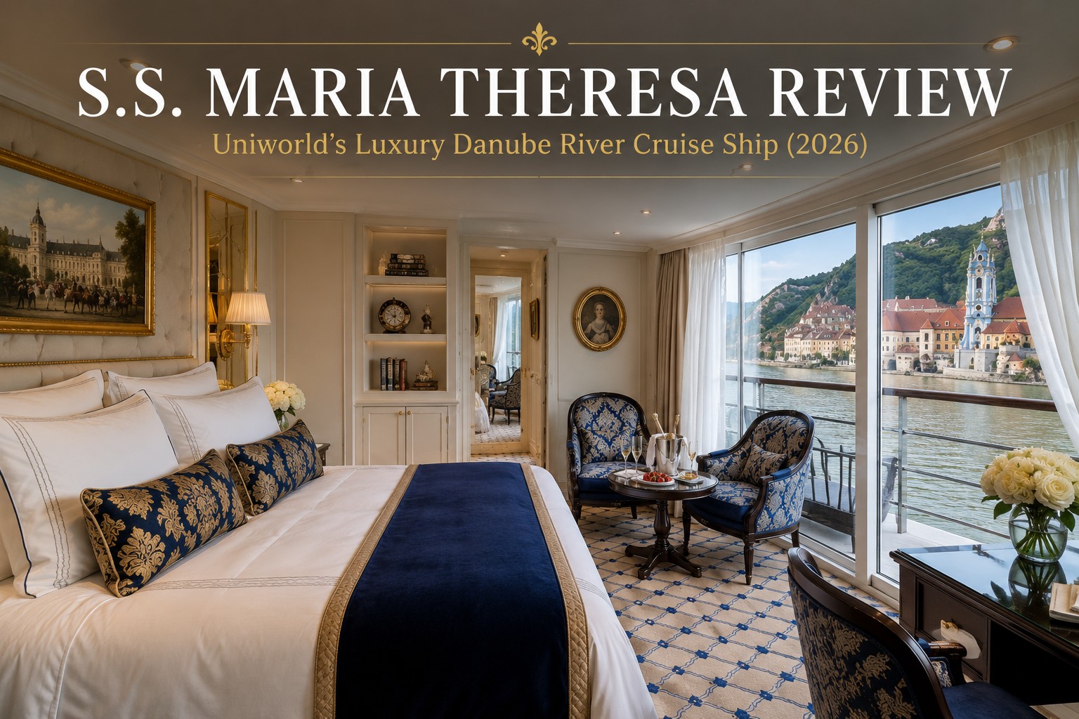 Luxury suite cabin aboard Uniworld S.S. Maria Theresa with elegant furnishings and Danube River views