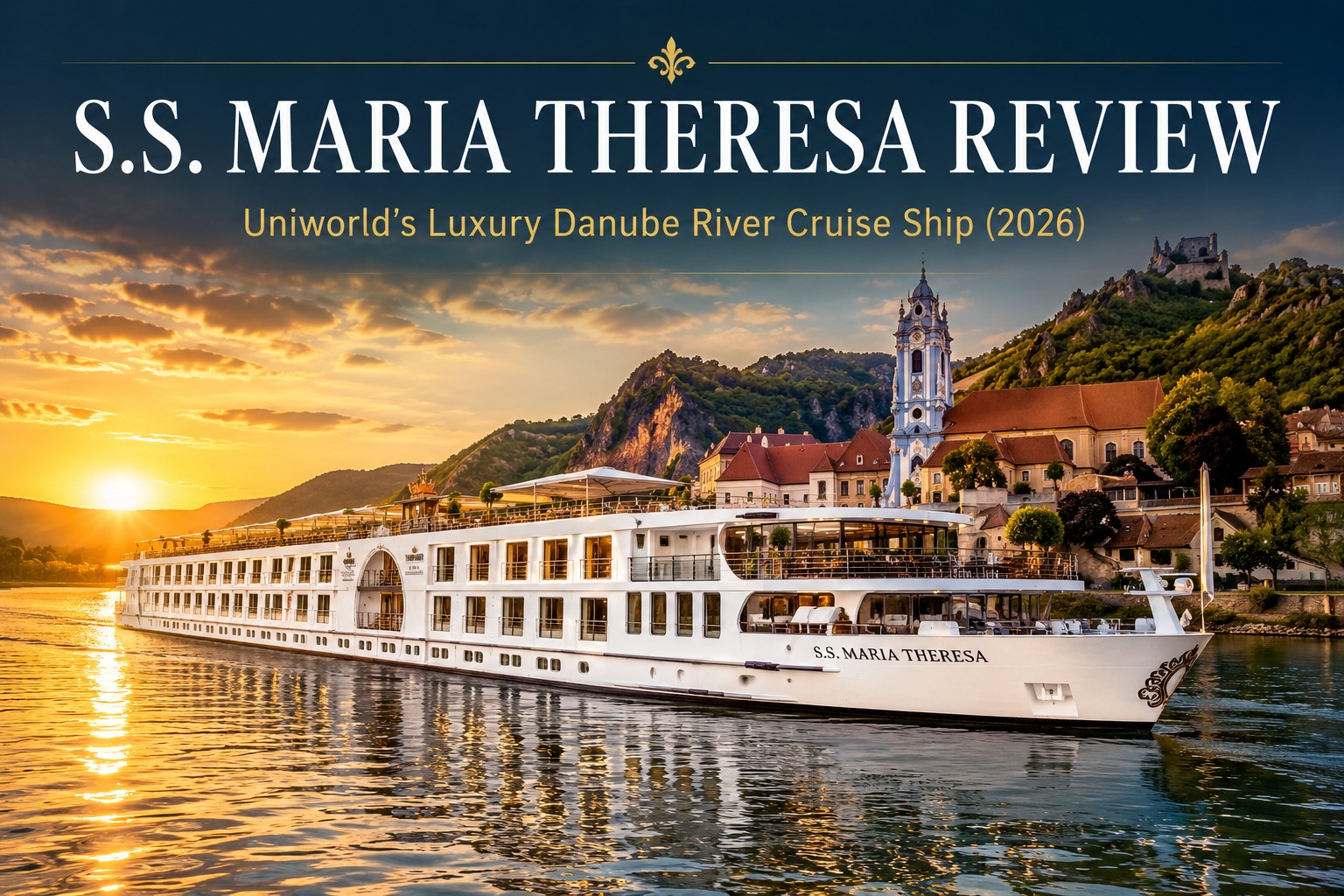 S.S. Maria Theresa luxury river cruise ship sailing on the Danube River at sunset in Europe