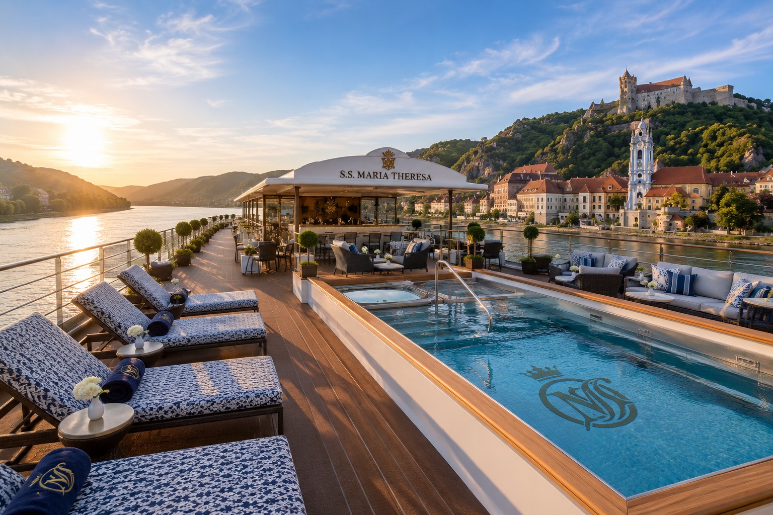 Sun deck aboard S.S. Maria Theresa luxury Danube river cruise ship with panoramic river views