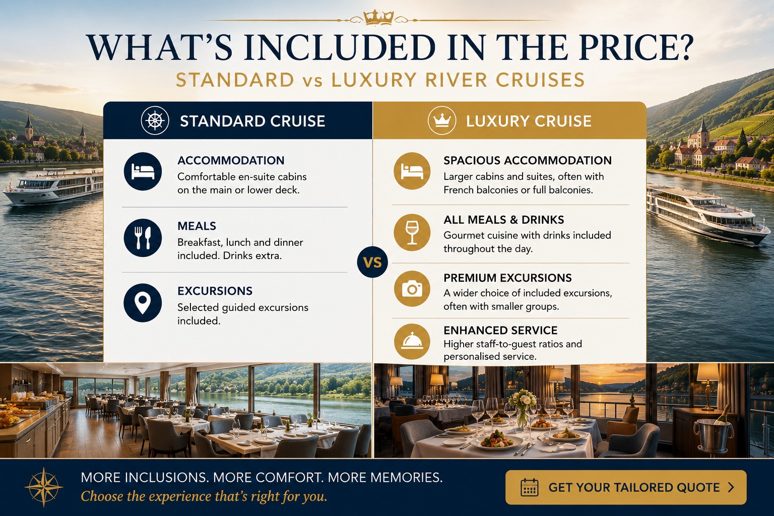 What’s included in river cruise prices comparison showing standard vs luxury cruise inclusions such as meals, excursions and service levels