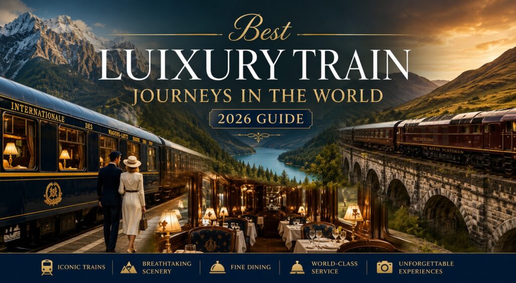 Luxury train journey through spectacular mountain scenery featuring iconic luxury rail travel experiences from around the world