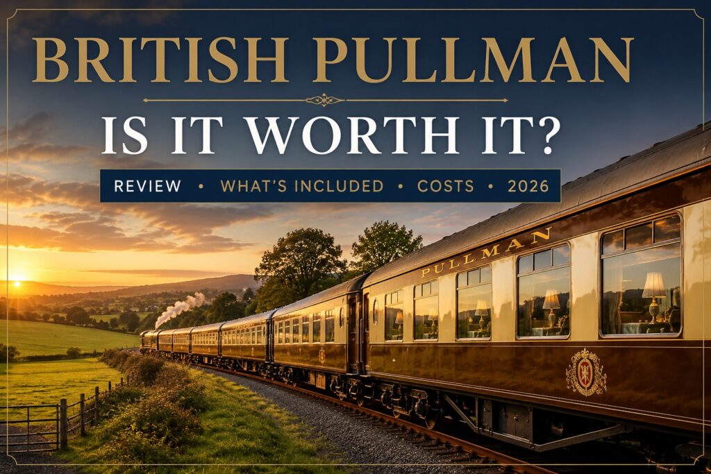 British Pullman luxury train travelling through the English countryside at sunset during a British Pullman review and luxury rail journey in 2026