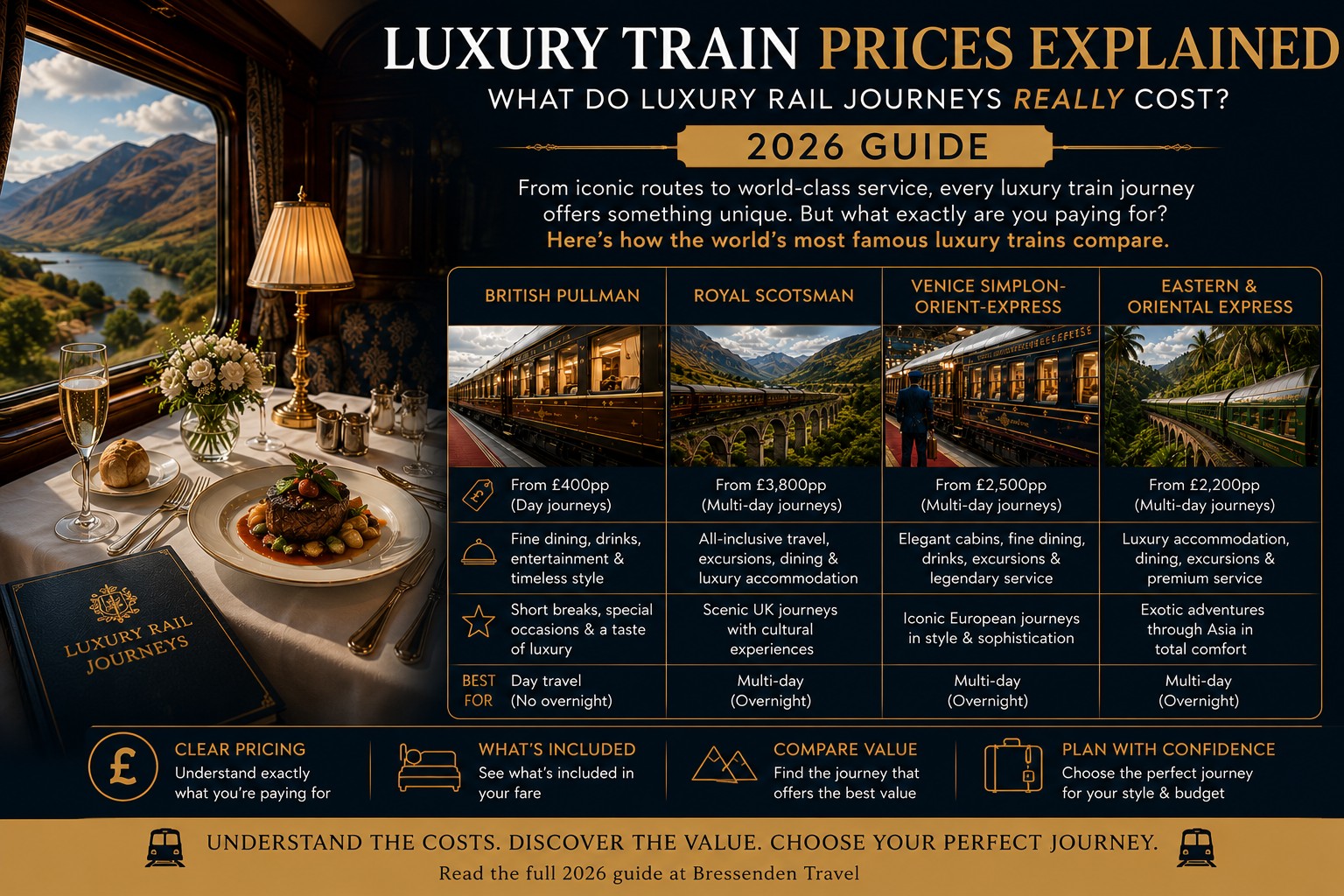 Luxury train prices comparison infographic featuring British Pullman, Royal Scotsman, Venice Simplon-Orient-Express and Eastern & Oriental Express with pricing, inclusions and value comparison for 2026