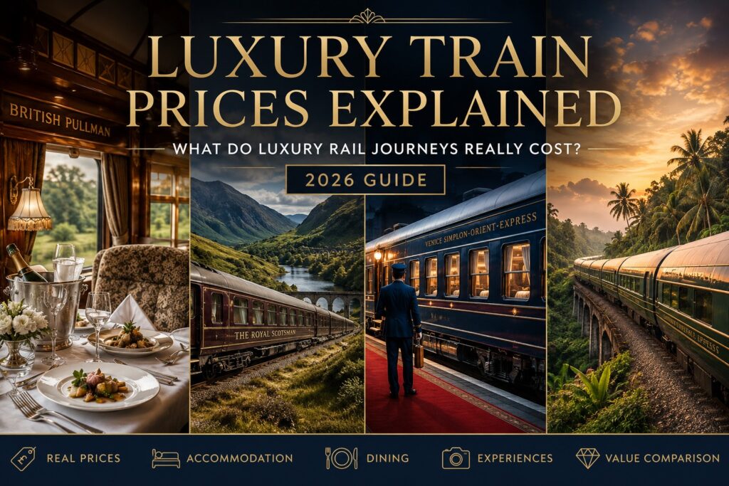 Luxury train prices explained 2026 featuring British Pullman, Royal Scotsman, Venice Simplon-Orient-Express and Eastern & Oriental Express luxury rail journeys
