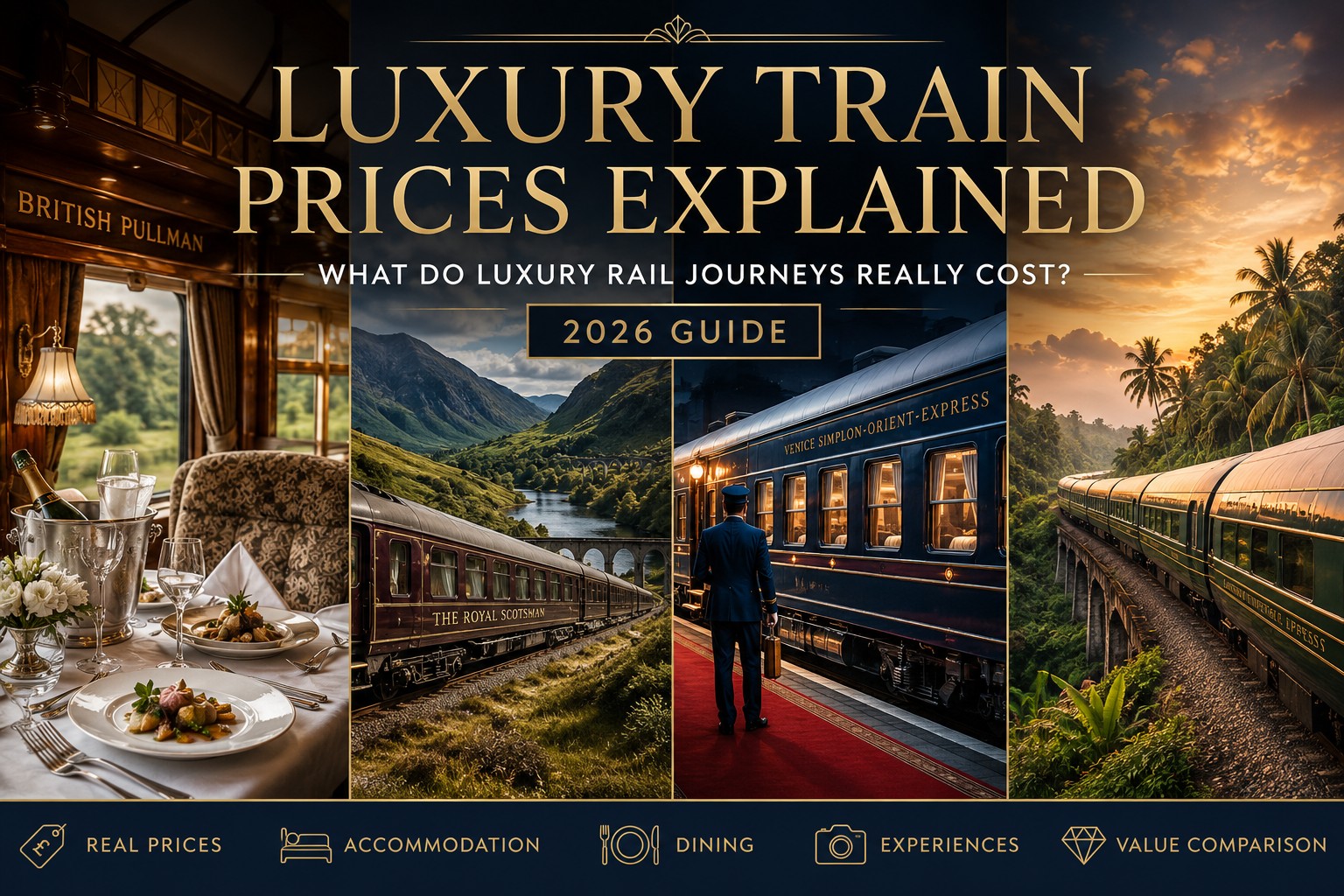 Luxury train prices explained 2026 featuring British Pullman, Royal Scotsman, Venice Simplon-Orient-Express and Eastern & Oriental Express luxury rail journeys