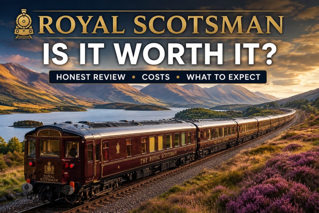 Royal Scotsman luxury train travelling through the Scottish Highlands beside a loch at sunset for a 2026 review article