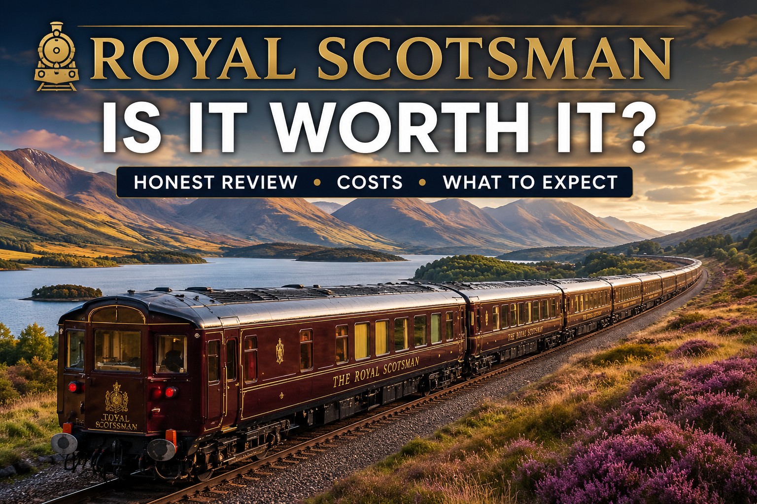 Royal Scotsman luxury train travelling through the Scottish Highlands beside a loch at sunset for a 2026 review article