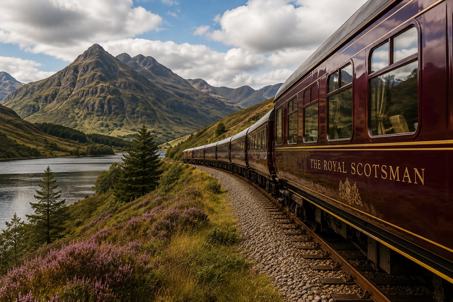 Royal Scotsman luxury train travelling through the Scottish Highlands surrounded by mountains and dramatic scenery