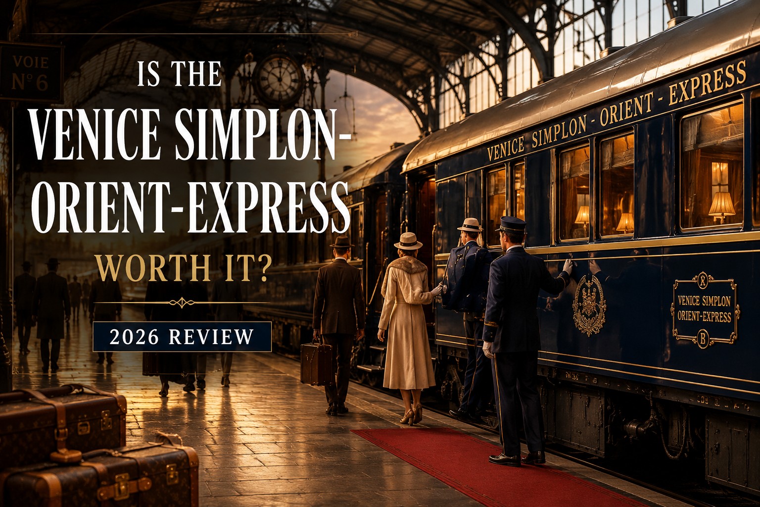 Venice Simplon-Orient-Express luxury train at a grand European station with elegantly dressed passengers boarding for a luxury rail journey