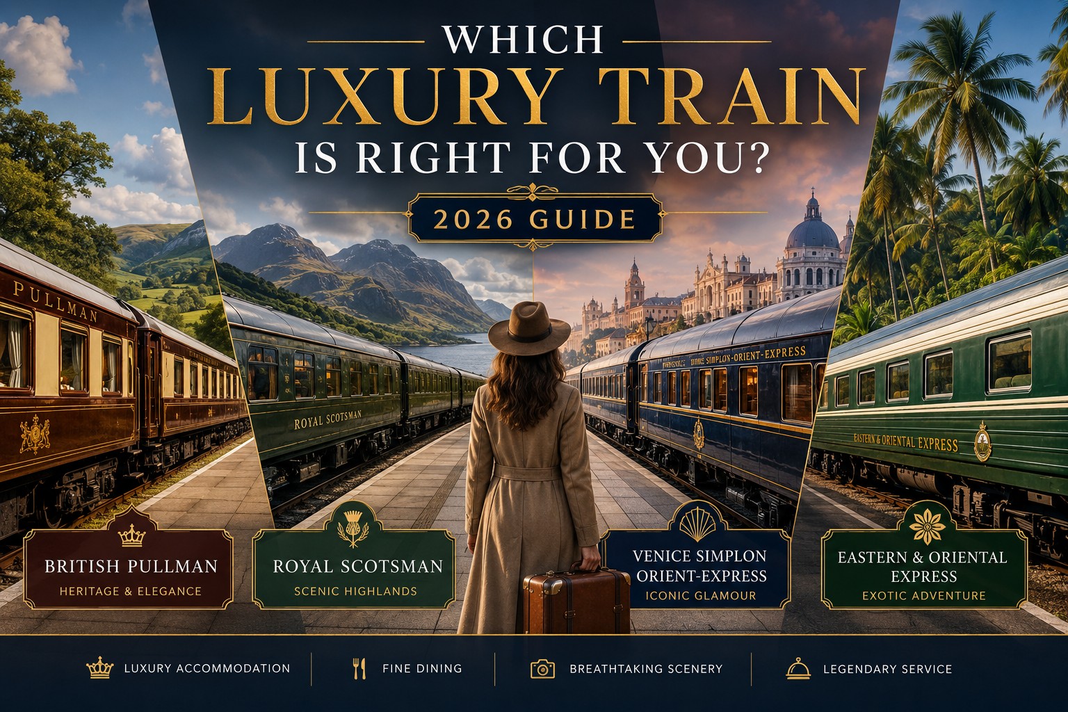 Which Luxury Train Is Right For You 2026 guide comparing the British Pullman, Royal Scotsman, Venice Simplon-Orient-Express and Eastern & Oriental Express luxury train journeys